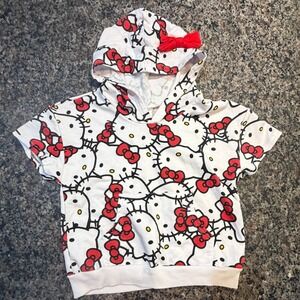 Hello Kitty Sanrio Girls White All Over Print Short Sleeve Hoodie‎ Ears Bow 7/8